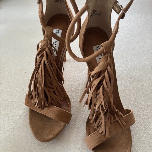 Steve Madden Sashi Fringe Suede Sandals High Heels Taupe Tan 7.5 - Picture 7 of 12